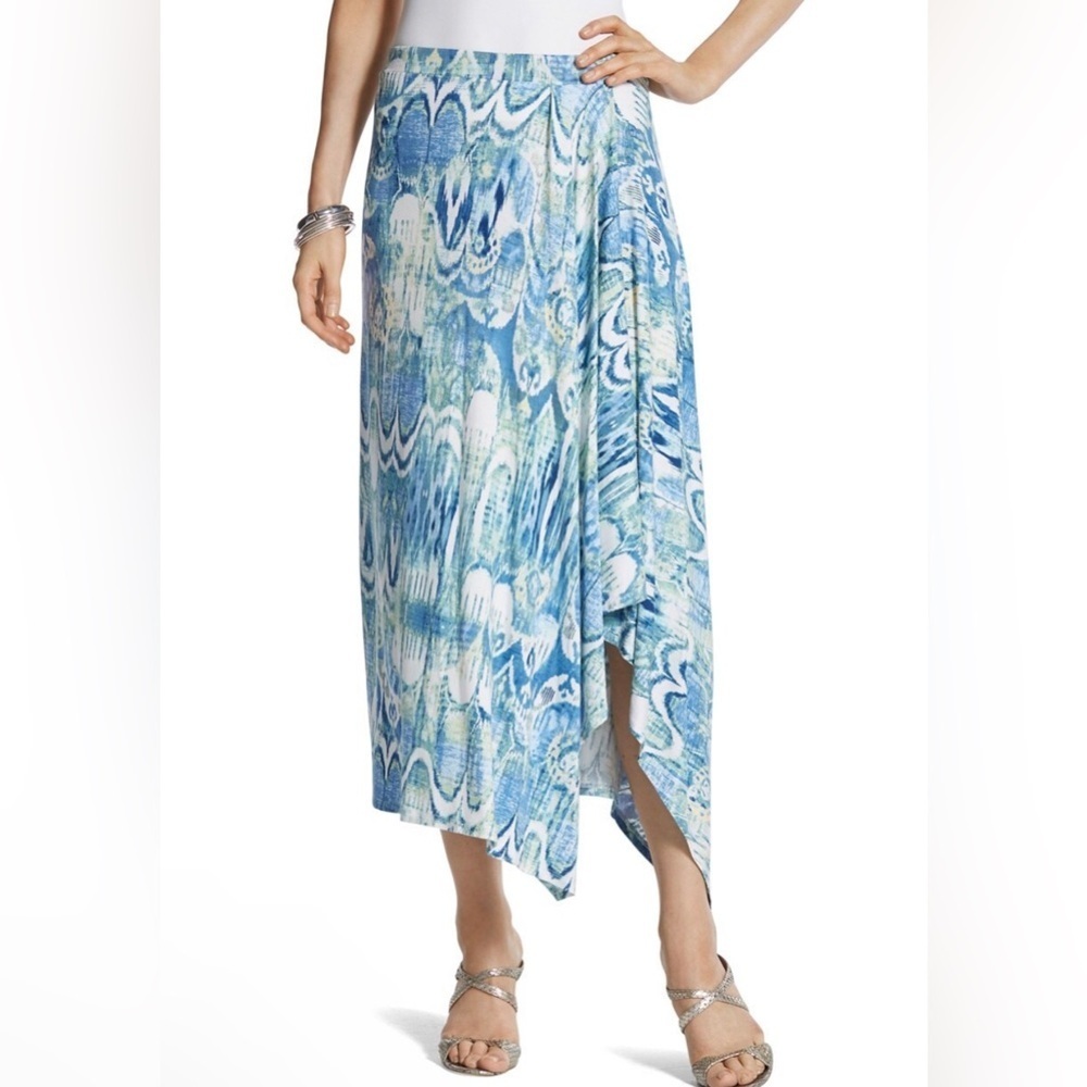 Chicos Molly Irate Midi Skirt Size XS Asymmetrical Hem Rayon‎ Summer Blue White
